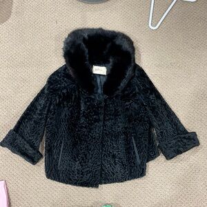 Black Pea Coat with Plush Material and Wide Collar
